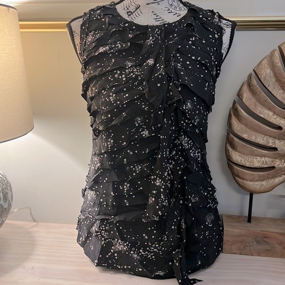Tory Burch‎ Black space print ruffle silk top - Picture 3 of 6